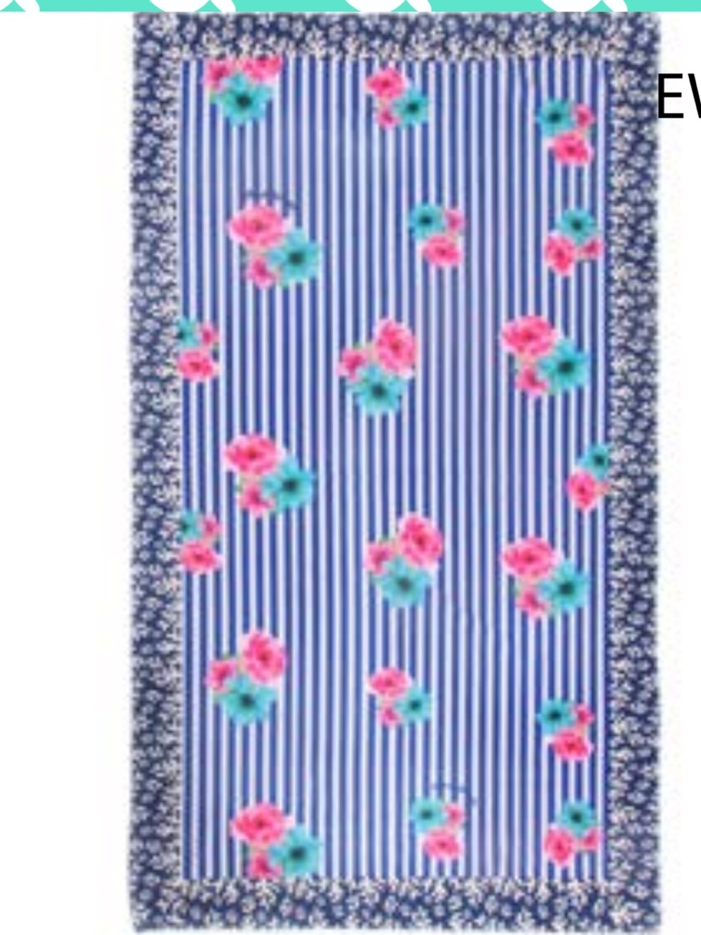 Antica Sartoria Blue & White Roses Striped Floral Beach Towel NWT